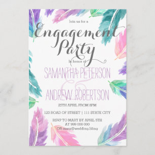 Painted watercolor feathers engagement party invitation