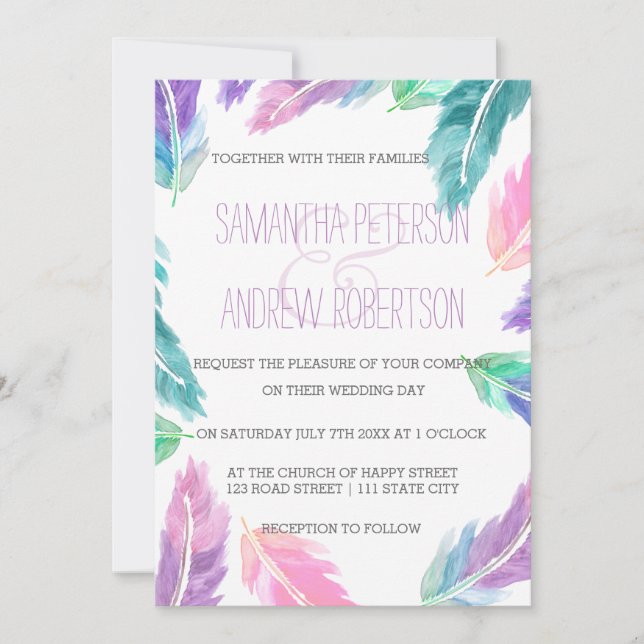 Painted watercolor feathers Wedding Invitation (Front)