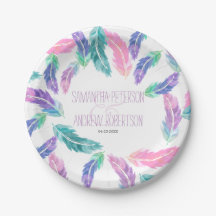 Painted watercolor feathers wedding paper plate