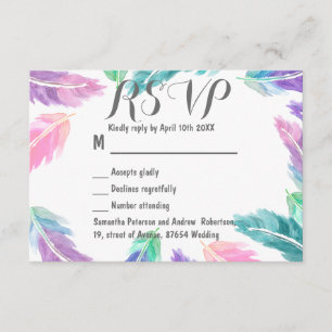 Painted watercolor feathers wedding RSVP Card