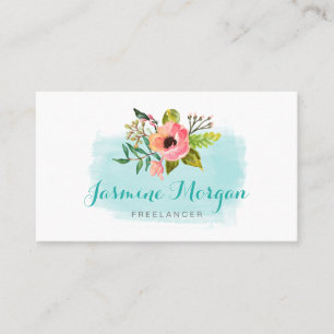 Painted Watercolor Floral Chic Teal Aqua Blue Business Card