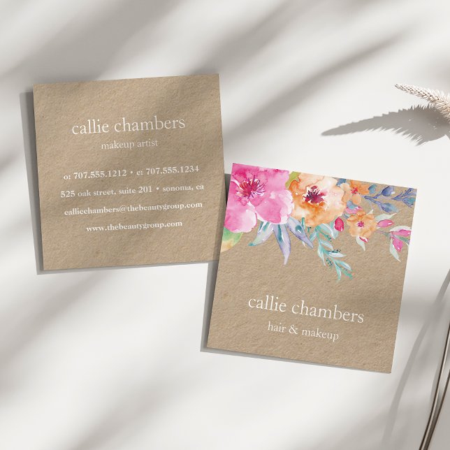 Painted Watercolor Floral Kraft Square Business Card (Creator Uploaded)