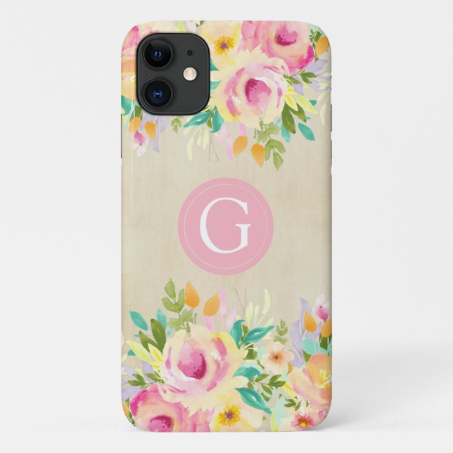 Painted Watercolor Floral Monogram iPhone 11 Case (Back)