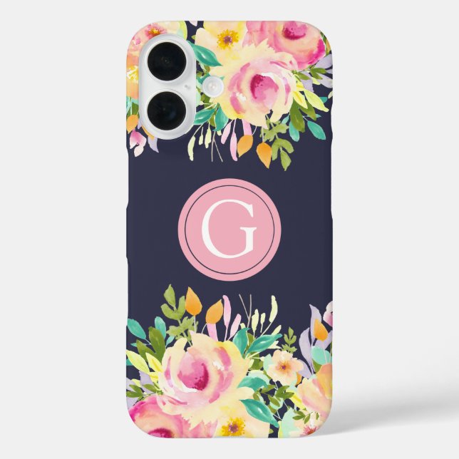 Painted Watercolor Floral Monogram Iphone 16 Case (Back)
