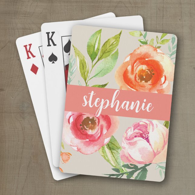 Painted Watercolor Floral Pattern Custom Name Playing Cards (Personalized playing cards with watercolor flowers and a place for a name)