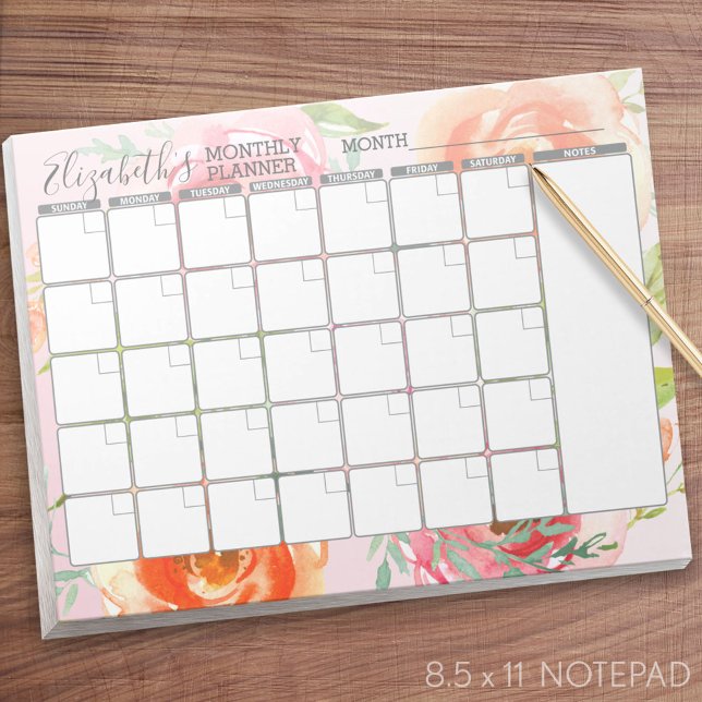 Painted Watercolor Floral Pattern Monthly Planner Notepad (Monthly Planner Notepad - Personalized)