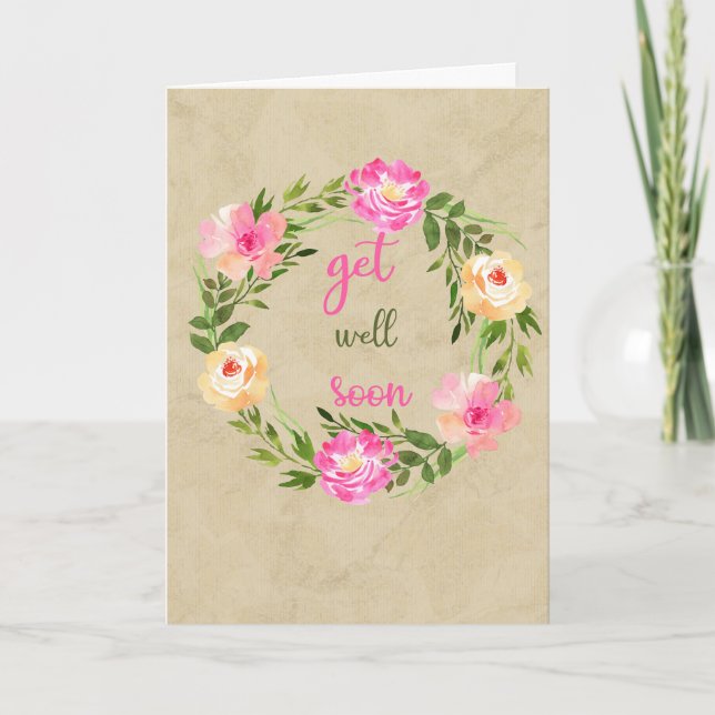 Painted Watercolor Flower Wreath Get Well Card (Front)