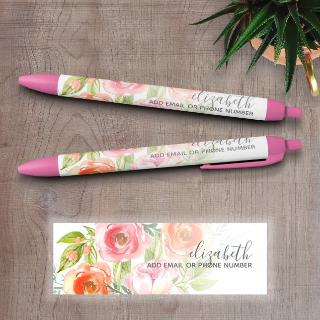 Painted Watercolor Flowers Calligraphy Name Black Ink Pen (Personalized Writing Pens)