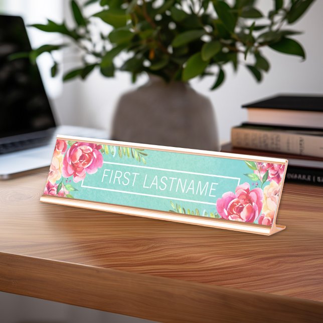 Painted Watercolor Flowers Calligraphy Name Desk Name Plate (Personalized Desk Sign with Name - Custom Executive Name Plate)