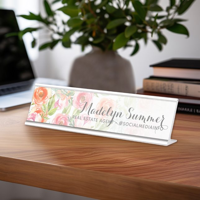 Painted Watercolor Flowers Calligraphy Name Desk Name Plate (Personalized Desk Sign with Name and Title - Custom Executive Name Plate)