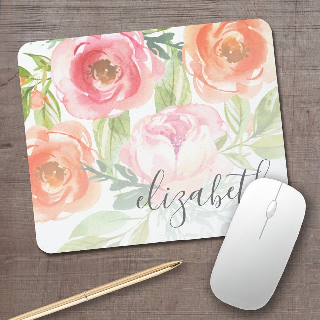 Painted Watercolor Flowers Calligraphy Name Mouse Mat (Personalized Mousepad - Add Your name to this watercolor flower design)