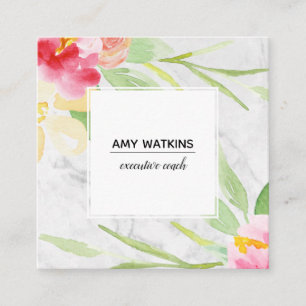 Painted Watercolor Flowers over Subtle Grey Marble Square Business Card