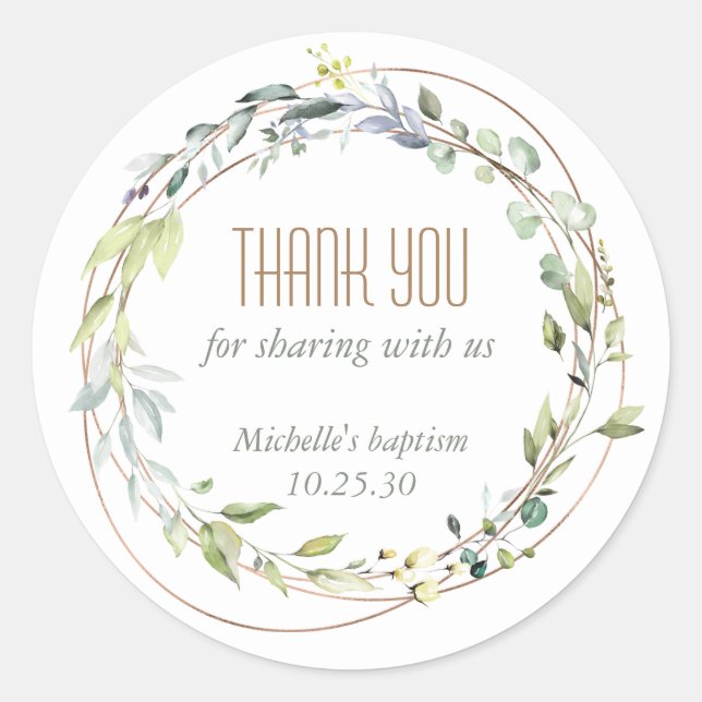 Painted watercolor Greenery,  Communion thank you Classic Round Sticker (Front)
