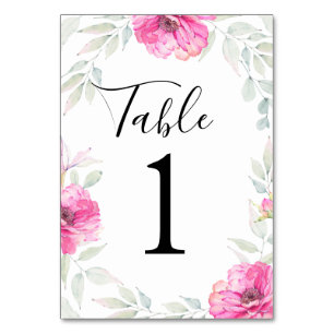 Painted Watercolor Leaves and Pink Flowers Table Number
