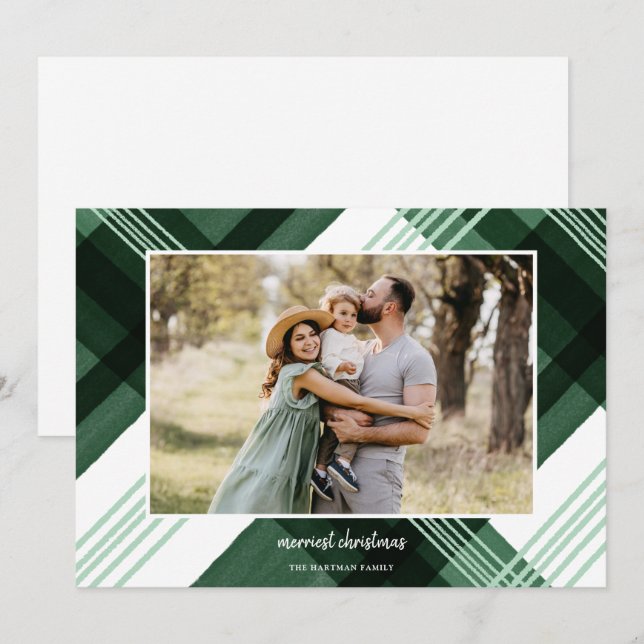 Painted Watercolor Plaid Green Christmas Photo  Holiday Card (Front/Back)