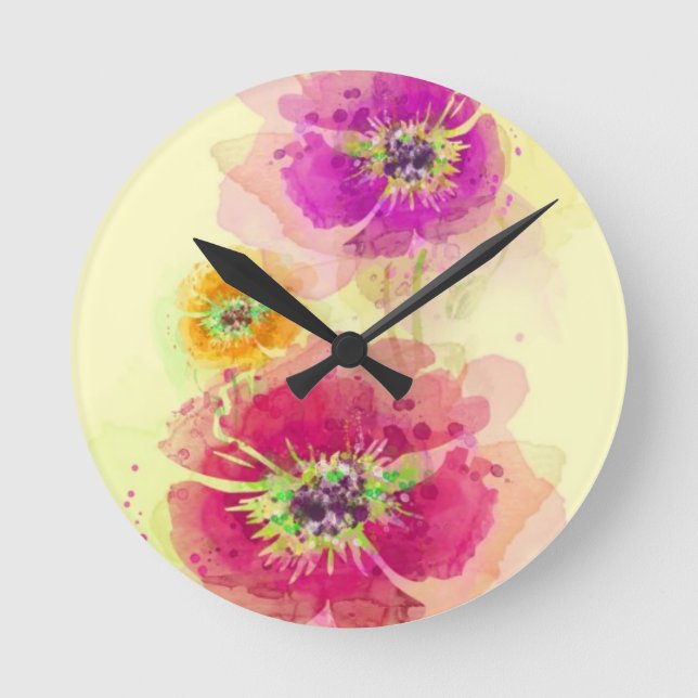 Painted watercolor poppies 2 round clock (Front)