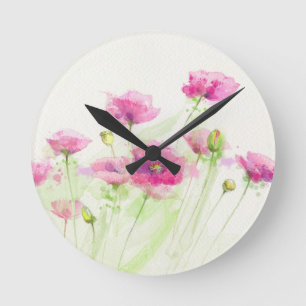 Painted watercolor poppies 3 round clock