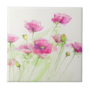 Painted watercolor poppies 3 tile