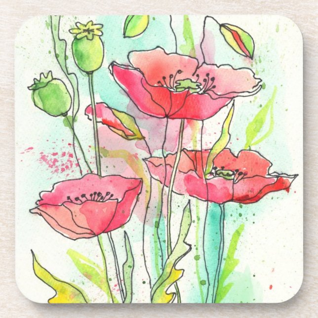 Painted watercolor poppies coaster (Front)