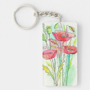Painted watercolor poppies key ring