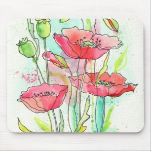 Painted watercolor poppies mouse mat