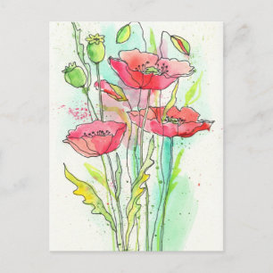 Painted watercolor poppies postcard