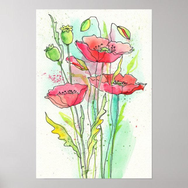 Painted watercolor poppies poster (Front)
