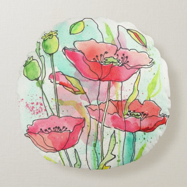 Painted watercolor poppies round cushion (Front)