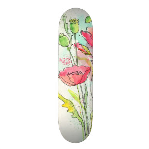 Painted watercolor poppies skateboard
