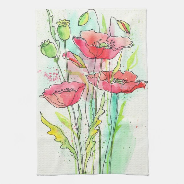 Painted watercolor poppies tea towel (Vertical)