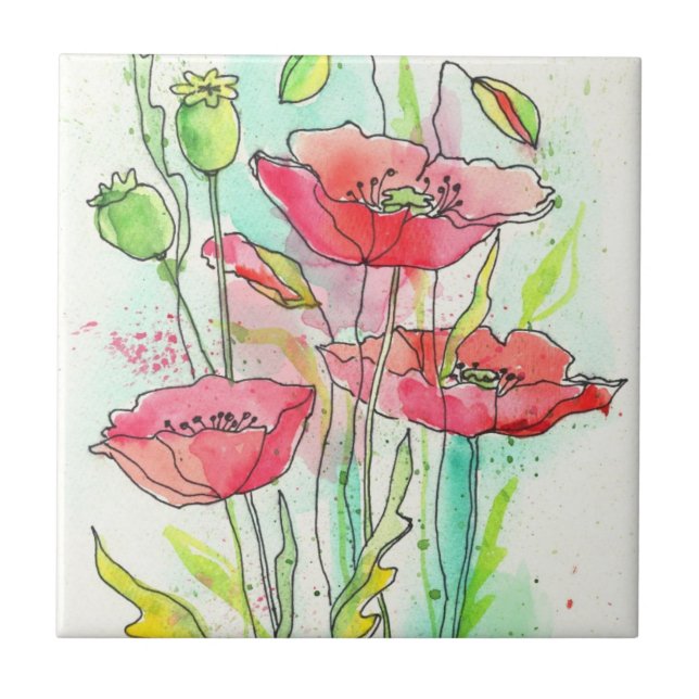 Painted watercolor poppies tile (Front)