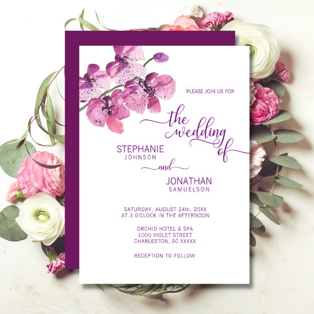 Painted Watercolor Purple Floral Orchids Wedding Invitation (Creator Uploaded)