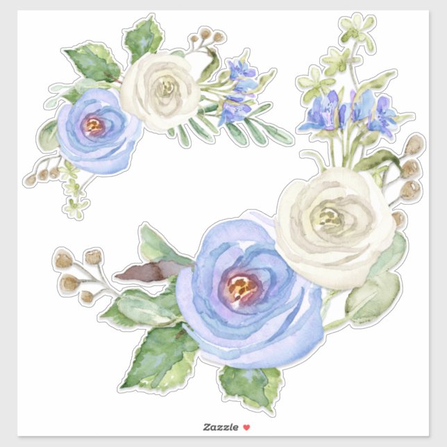 Painted Watercolor Sky Blue and White Rose Floral (Sheet)
