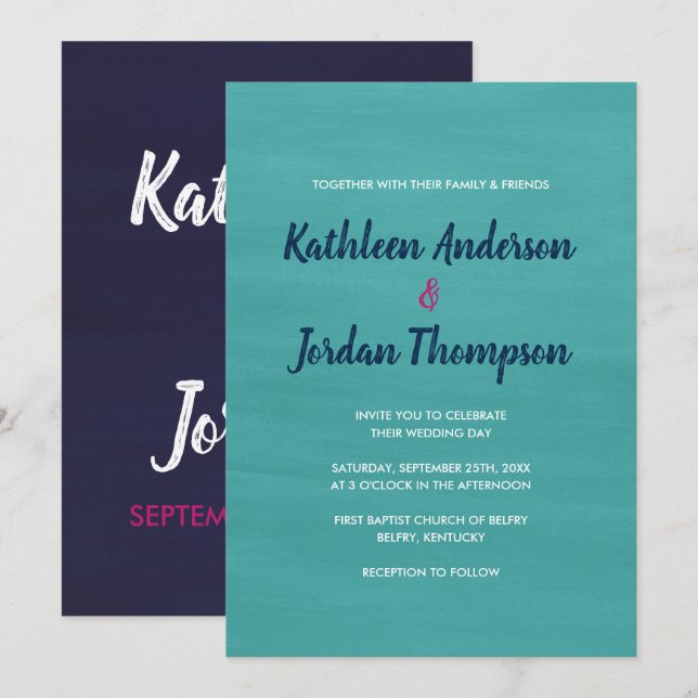 Painted Wedding Invite Turquoise, Navy Blue + Pink (Front/Back)