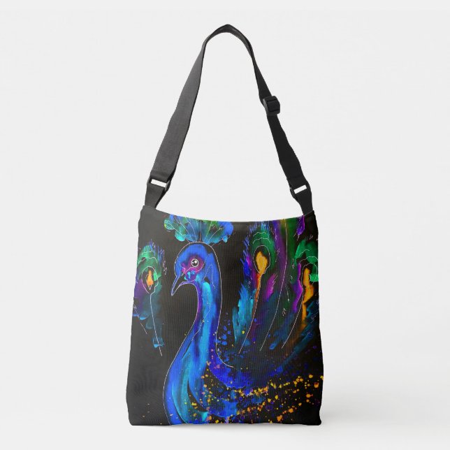 Painted Whimsical Peacock Crossbody Bag (Front)