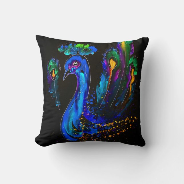 Painted Whimsical Peacock Cushion (Front)