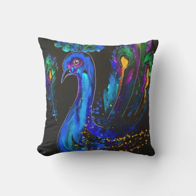 Painted Whimsical Peacock Cushion (Front)