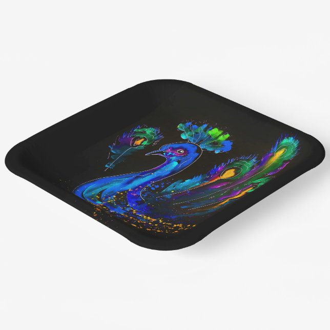 Painted Whimsical Peacock Paper Plate (Angled)