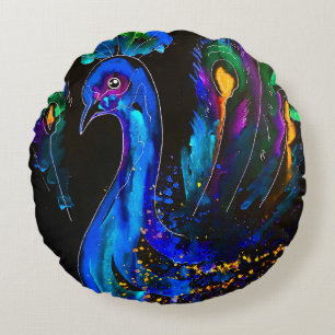 Painted Whimsical Peacock Round Cushion