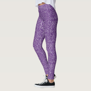 Painted White Curves on Violet Abstract Pattern Leggings