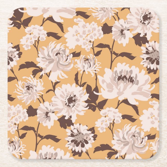 Painted White Flowers Floral Pattern Square Paper Coaster (Front)