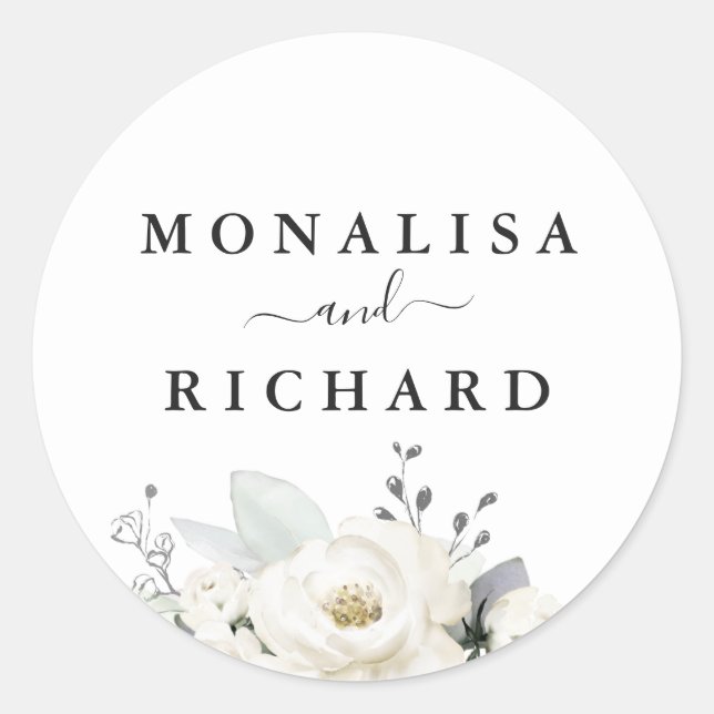 Painted white flowers wedding classic round sticker (Front)