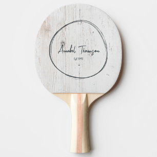 Painted White Wood Name in Drawn Circle Ping Pong Paddle