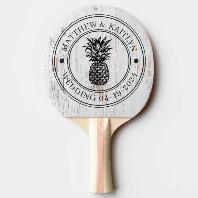 Painted White Wood Pineapple Wedding Crest & Names Ping Pong Paddle (Back)