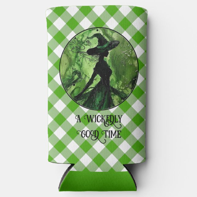 Painted Wickedly Good Witch Green Gingham Plaid Seltzer Can Cooler (Front)