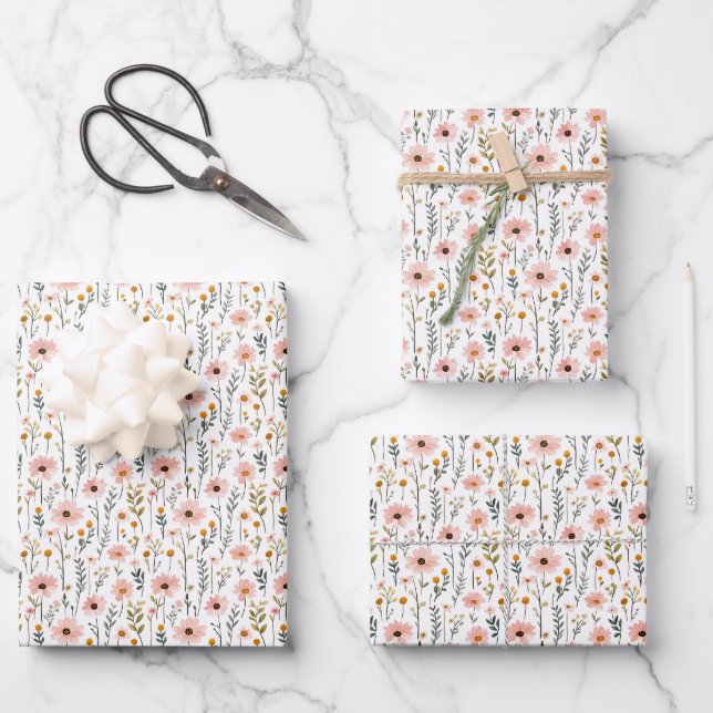Painted Wildflowers on White Wrapping Paper Sheet (Front)