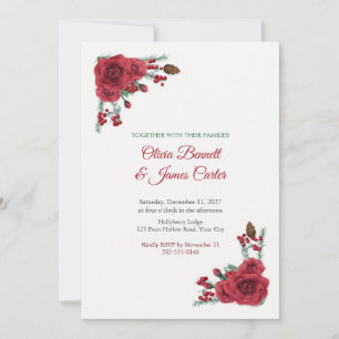 Painted Winter Berries and Crimson Rose Wedding Invitation