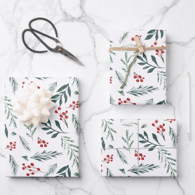 Painted Winter Botanicals Foliage Holiday Wrapping Paper Sheet (Front)