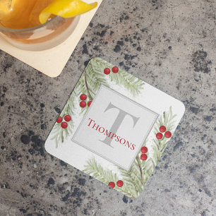 Painted Winter Pine and Berry Sprigs Square Paper Coaster