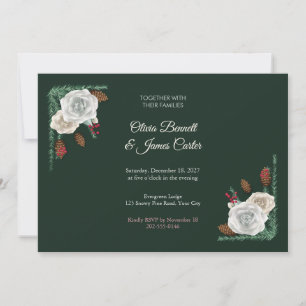 Painted Winter White Roses and Pine Wedding Invitation